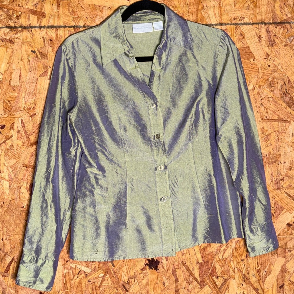 Worthington 100% Silk Green Iridescent  Button‎ Shirt Blouse Top Quiet Luxury S